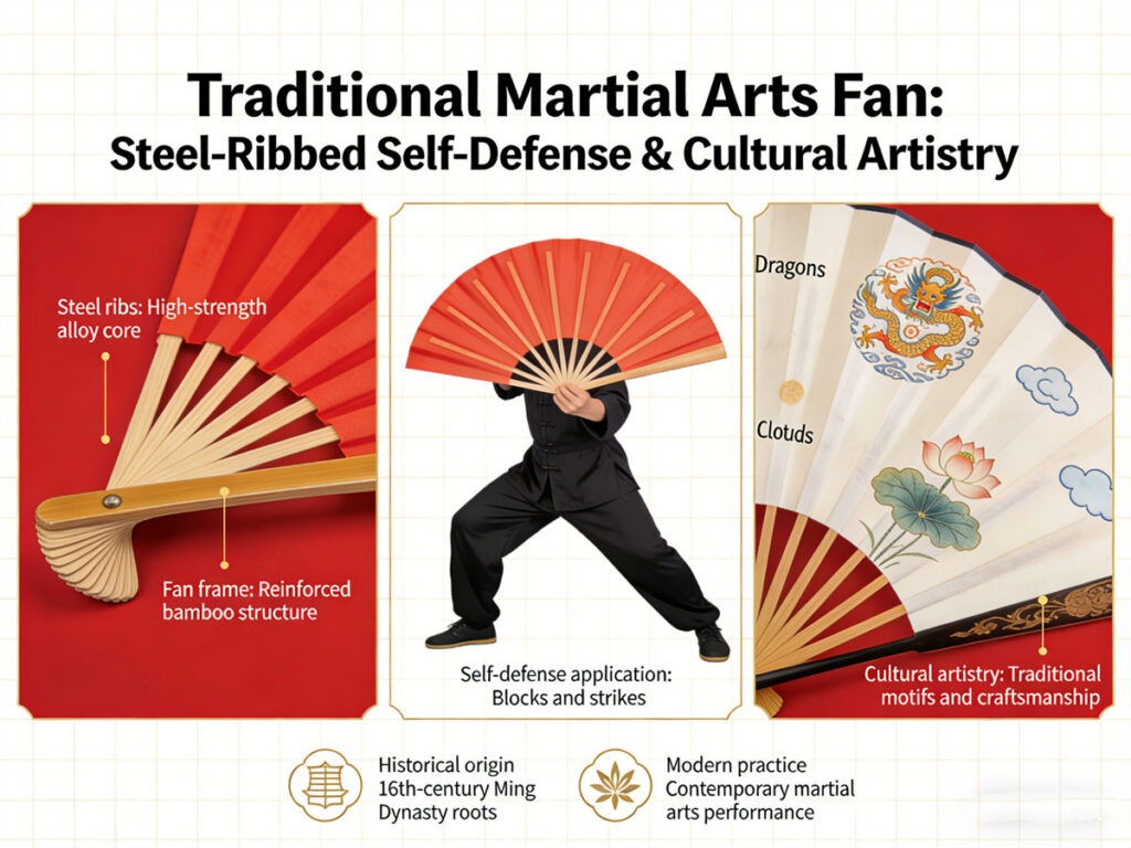 Traditional Martial Arts Fan Steel-Ribbed Self-Defense & Cultural Artistry